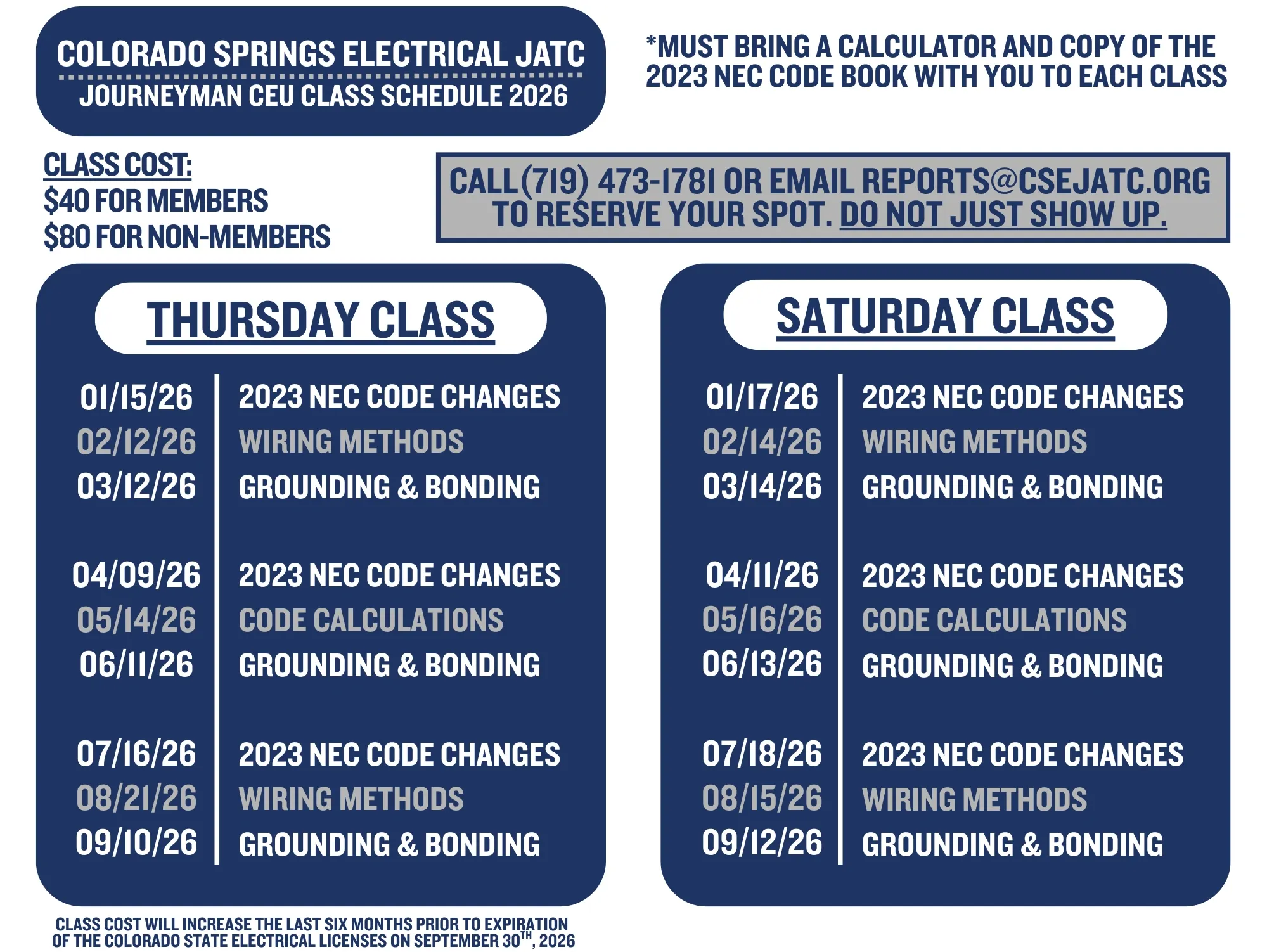 CSEJATC Journeyman CEU Class Schedule 2026 - Thursday and Saturday classes